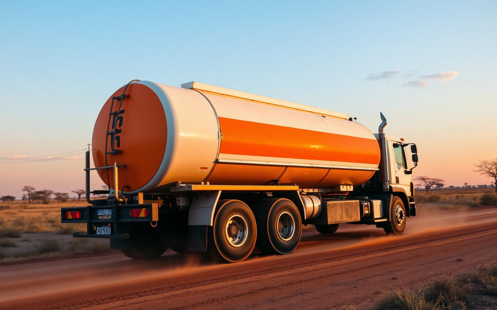 Orange and white fuel tanker on a dusty road in the Botswana savanna at golden hour
